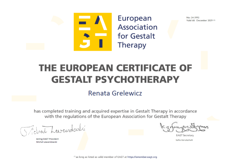 Certyfikat Psychoterapeuty Gestalt - Renata Grelewicz. European Association for Gestalt Therapy